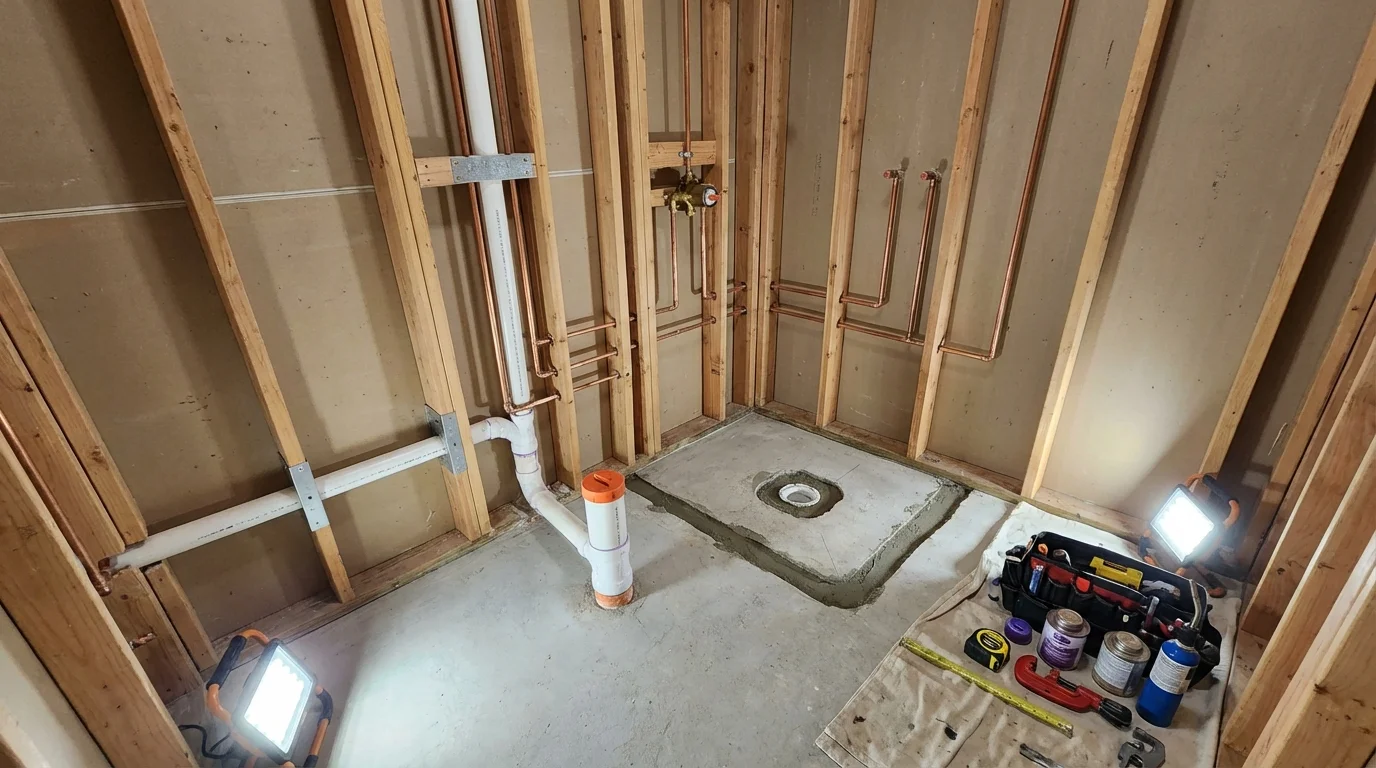 Bathroom rough-in plumbing during remodel by Johns Plumbing LLC in Orosi