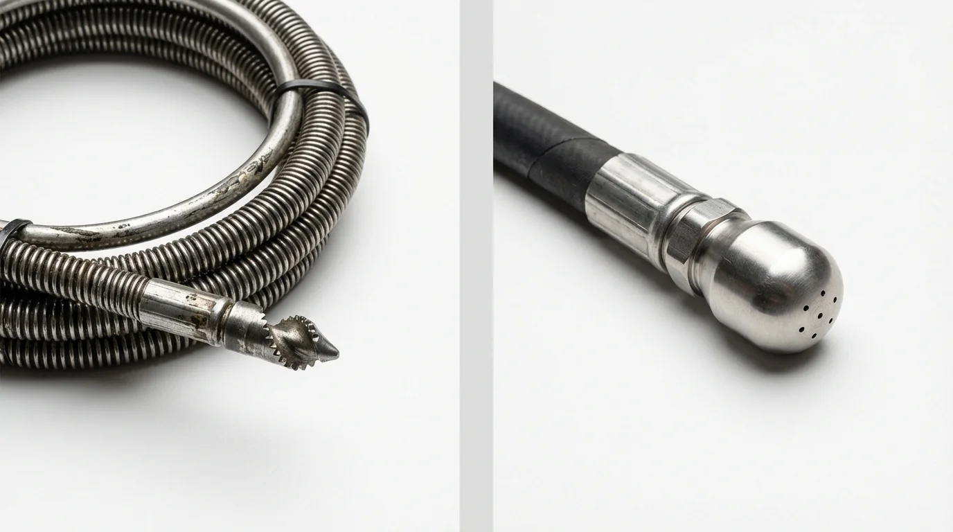 Drain snake cable and hydro jetting nozzle used for drain cleaning in Orosi, CA