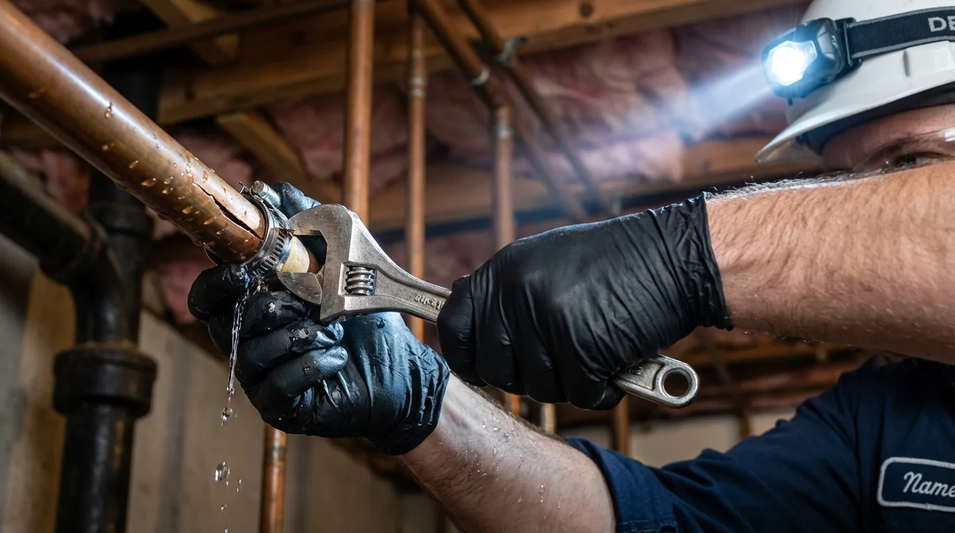 Emergency pipe clamp repair being performed by a Johns Plumbing LLC plumber in Orosi
