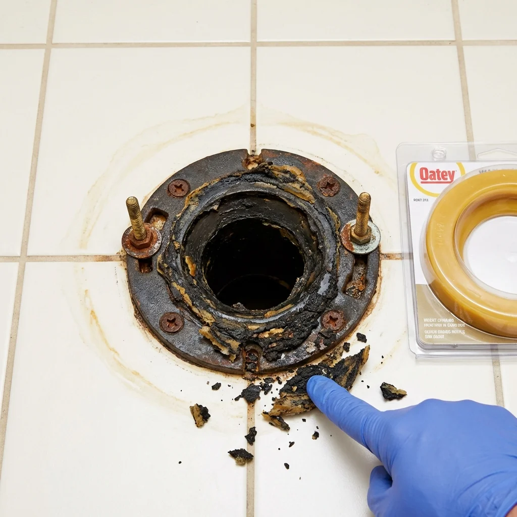 Failed wax ring showing water seepage at the base of a toilet in a Orosi, CA home