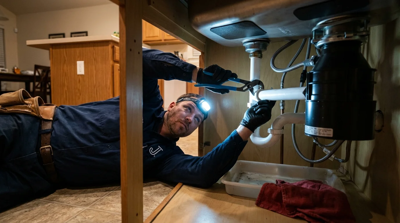 P-trap and supply line connections under a kitchen sink showing a common leak point in Orosi, CA